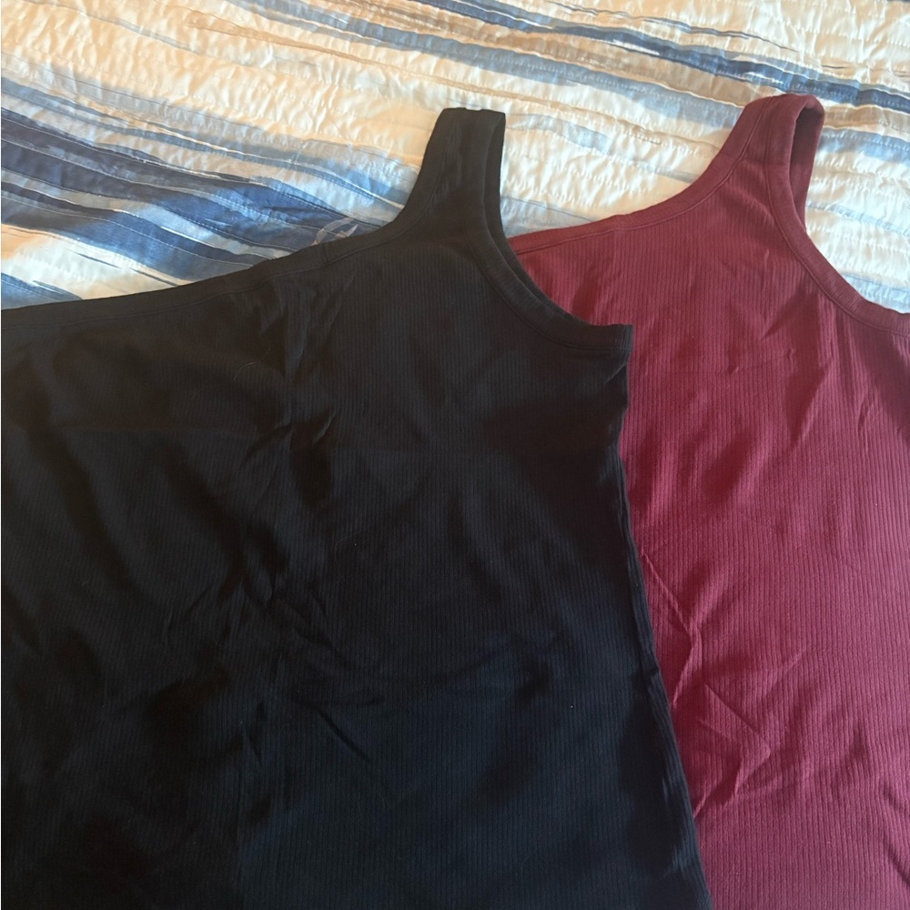 Women's Black and Red One Shoulder Tank Tops